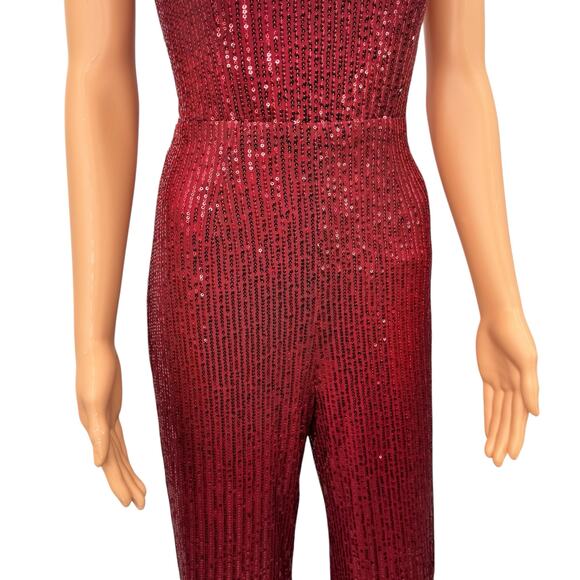 Lulus Wine Red Sequin Wide Leg Jumpsuit Size M Crisscross Open Back Sleeveless - Picture 4 of 16
